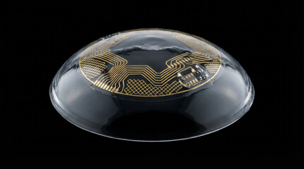 Smart contact lens integrates flexible electronics and sensors into a clear curved substrate for wearable eye technology. Gold conductive traces and microcomponents are visible on a dark studio backgr