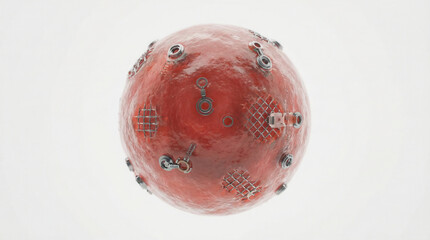 Red mechanical sphere with metallic mounts and mesh panels floats against a pale background. It looks industrial and futuristic with worn paint, bolts, circular fittings and subtle reflections suggest