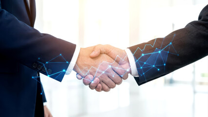 Businessmen Handshake with Digital Network and Growth Chart Overlay