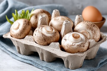Fresh cremini mushrooms in cardboard egg carton with blue cloth and egg