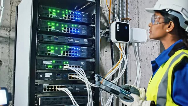 Man in hardhat and safety vest examining network equipment in data center