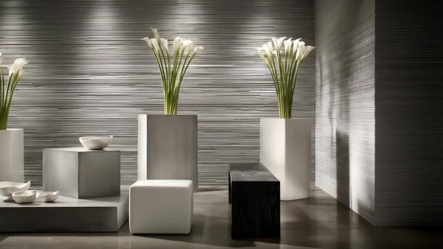A modern interior scene features white calla lilies in tall vases against a textured gray wall