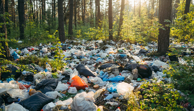 Plastic waste and garbage polluting a beautiful green forest.