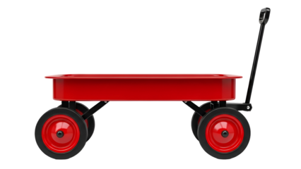 Red metal wagon with black handle and wheels