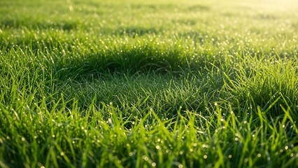 Morning dew on green grass with soft sunlight