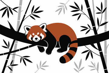 Cute Red Panda Sleeping on a Bamboo Branch, endangered species concept