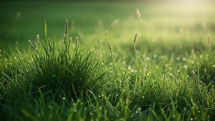 Morning dew on green grass with soft sunlight