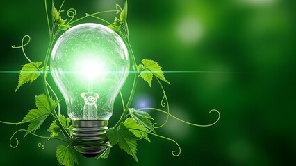Eco energy concept with glowing light bulb and green leaves