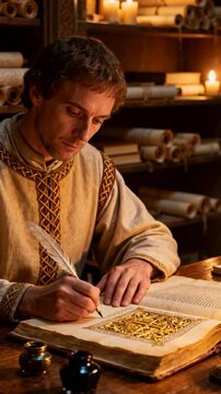 Medieval Monk Scribe Writing in Golden Illuminated Manuscript with Quill in Candlelit Library