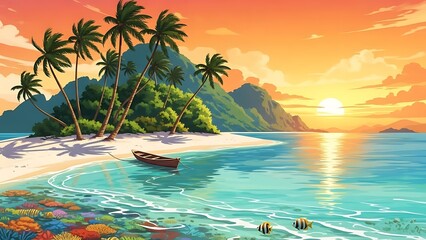 Obraz premium Tropical Island Paradise Sunset with Palm Trees and Clear Blue Water.