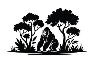Powerful Gorilla Silhouette in Lush Jungle Landscape, strength and protection concept