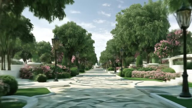 A scenic view of a tree-lined walkway, ornate pathway, and gardens under a blue sky