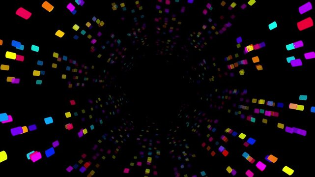 A vibrant, multi-colored tunnel of rectangular blocks. The camera moves through a hexagonal void surrounded by "walls" of neon-colored data packets (magenta, blue, yellow, green) that shift and slide 