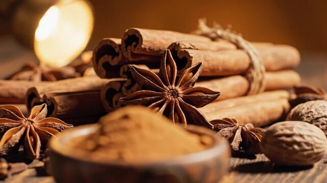 Cinnamon sticks and star anise arranged with nutmeg and cinnamon powder on a wooden surface