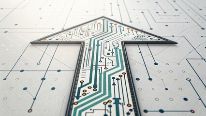 Machine learning growth visualized by upward arrow with circuit board pattern symbolizing technology progress and innovation