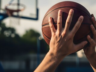 Basketball player holding a ball with both hands ready to shoot on an outdoor court at sunset time