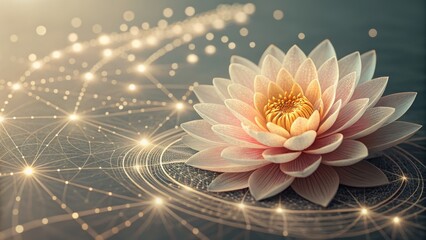 Machine learning growth visualized as glowing lotus flower with geometric patterns and sparkling lights in tranquil digital scene