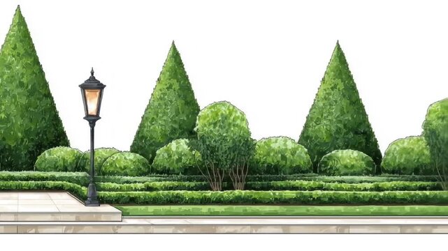 A drawing of a park with trimmed hedges, cone-shaped trees and antique street lamps