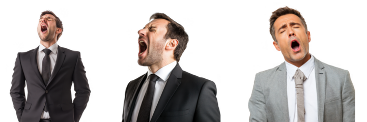 Yawning Tired Businessmen Experiencing Sleepiness and Fatigue isolated on transparent background png