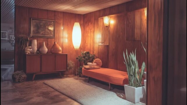 A warmly lit retro interior with wood paneling, artwork, decorative items, plants, and an orange daybed