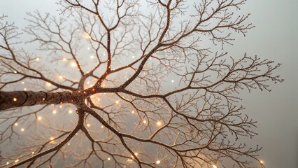 Magical visual of tree branches glowing with warm lights symbolizing machine learning growth in dreamy misty atmosphere