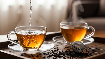 Tea pouring into glass cup on wooden tray
