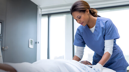 Fototapeta premium Warm female nurse beside patient in hospital bedroom healthcare support medical campaign wallpaper