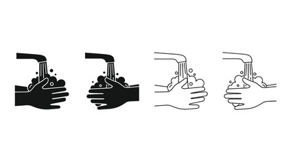 Four steps of proper handwashing illustrated with simple black and white icons