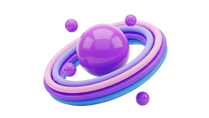 3D Abstract geometric shape with orbiting spheres on transparent background