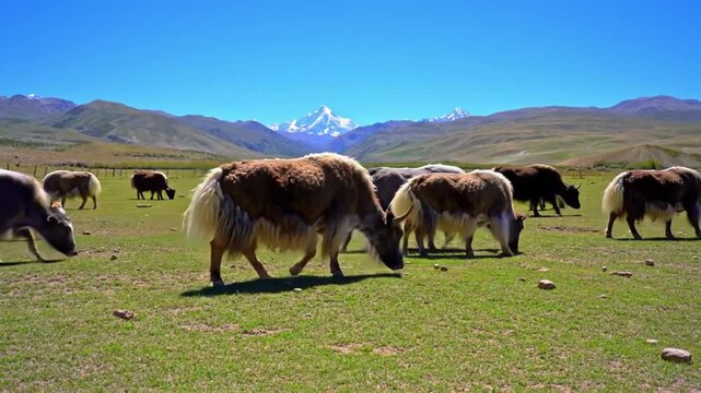 Herd of yaks grazing on green grass under a clear blue sky