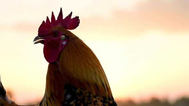 Close up of a rooster against a soft sunset sky background