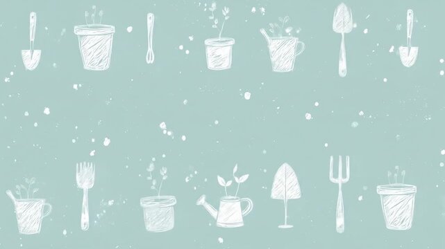 Soft illustration of gardening tools and plants in pots on a pale blue-green background
