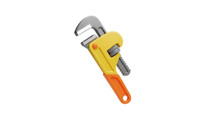 3D Adjustable pipe wrench with yellow and orange handle on transparent background