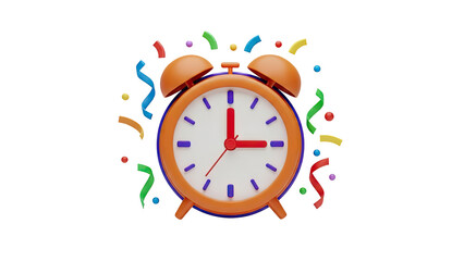 3D Alarm clock with confetti on transparent background