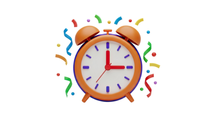 3D Alarm clock with confetti on transparent background