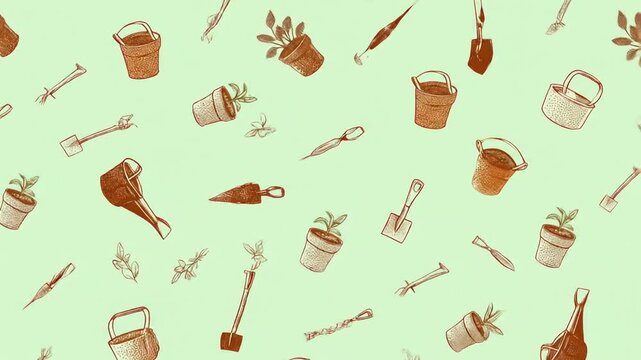 An illustrative pattern of gardening tools including pots, shovels, watering can, and plants on mint backdrop