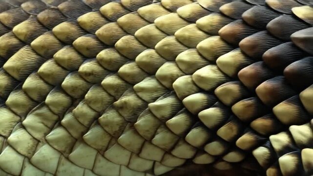 Macro close-up shows textured, overlapping scales in shades of brown, tan, and yellow