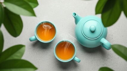 Teapot and cups with tea on light surface