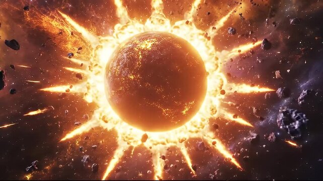 Destruction of a fiery planet in deep space with exploding debris and nebulae in vibrant orange yellow and purple hues dramatic cosmic event