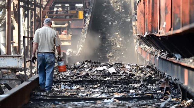 Industrial Worker Overseeing Material Sorting Process at Recycling Facility with Dust and Debris in Sunlight