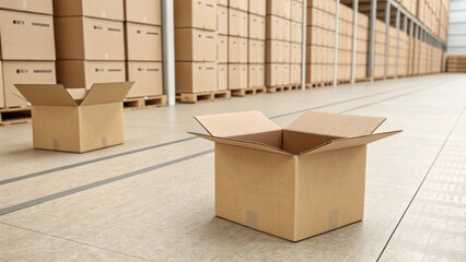 Open cardboard box in warehouse with stacked boxes on pallet, back haul and cost concept, logistics and storage facility interior