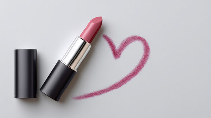 lipstick drawing half heart on gray background with copy space