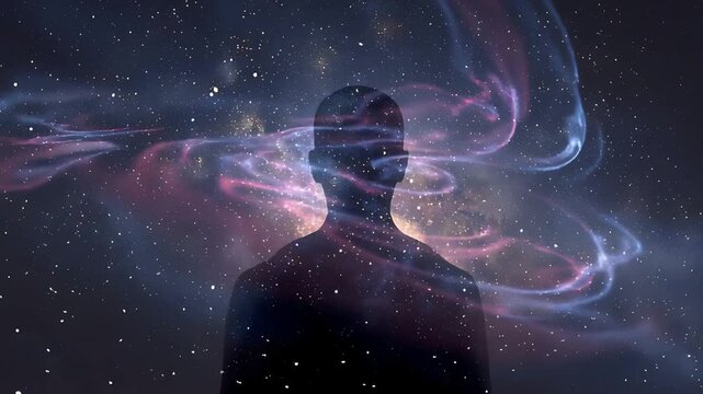 紫色の宇宙エネルギーを纏う人間のシルエット、高次元の意識と覚醒
