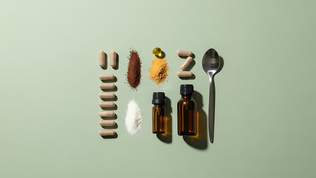Various dietary supplements including capsules powders and oil bottles arranged neatly with spoon on light green background showcasing health and wellness products or alternative medicine