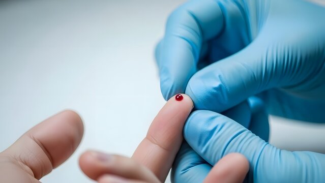 Medical professional in blue gloves taking blood sample from patient finger for diagnostic testing