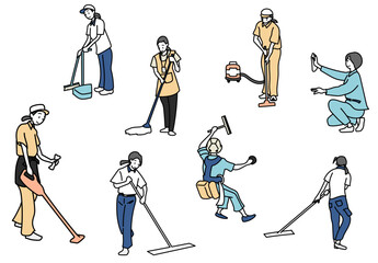 清掃スタッフがモップや清掃用具を使って作業する様子を描いた手描き風イラストセット｜ビル清掃や施設管理の現場で働く人々を複数ポーズで表現した業務イメージ素材