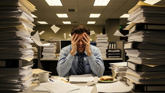 Overwhelmed office worker surrounded by paperwork.