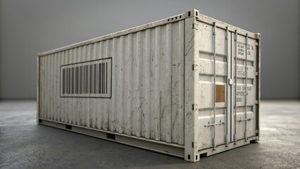 White shipping container with barcode window on side, industrial style, back haul cost concept, weathered metal surface, empty warehouse background