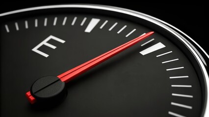 Fuel gauge showing nearly full with red needle, black background, white markings, concept of back haul cost and transportation efficiency