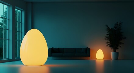 Illuminated egg shaped lamps with modern sofa and potted plant in a room with large windows showing trees interior light design contemporary furniture decor home lighting minimalist